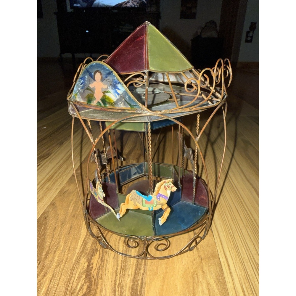 Vintage Stained Glass Carousel‎ Metal Light Weight Missing 2 Horses
